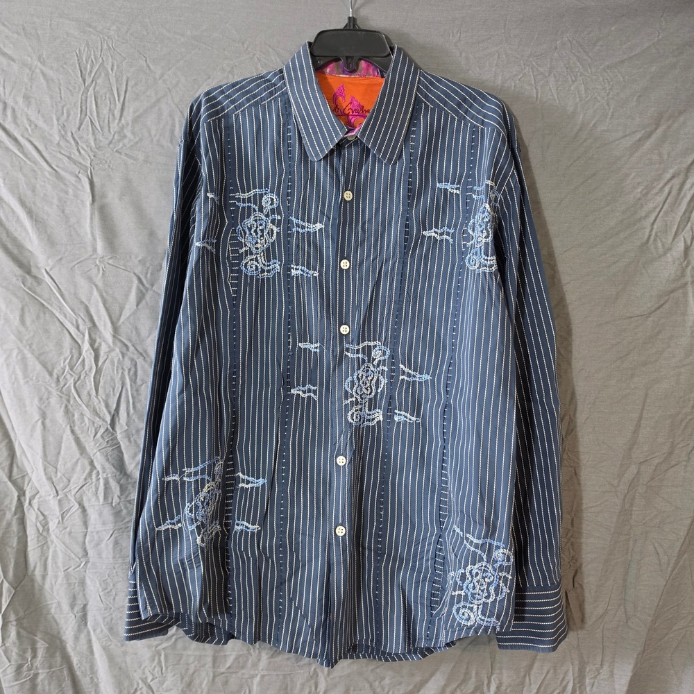 Robert Graham Mens XL Navy Blue Striped Floral Embroidered Button Down Shirt